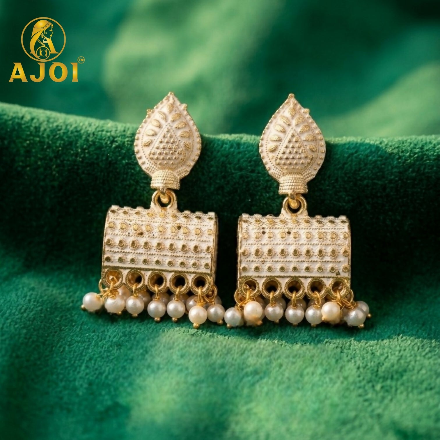 Elegant Gold Plated Pearl Drop Ethnic Earrings with White Design