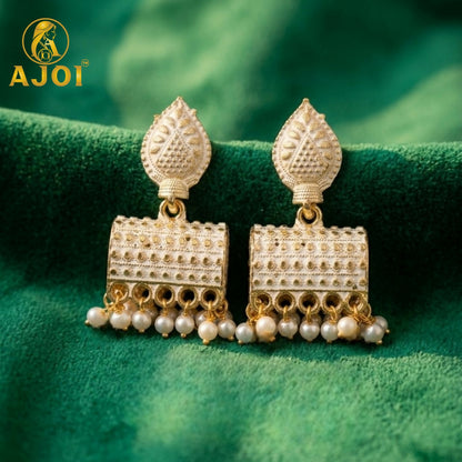 Elegant Gold Plated Pearl Drop Ethnic Earrings with White Design