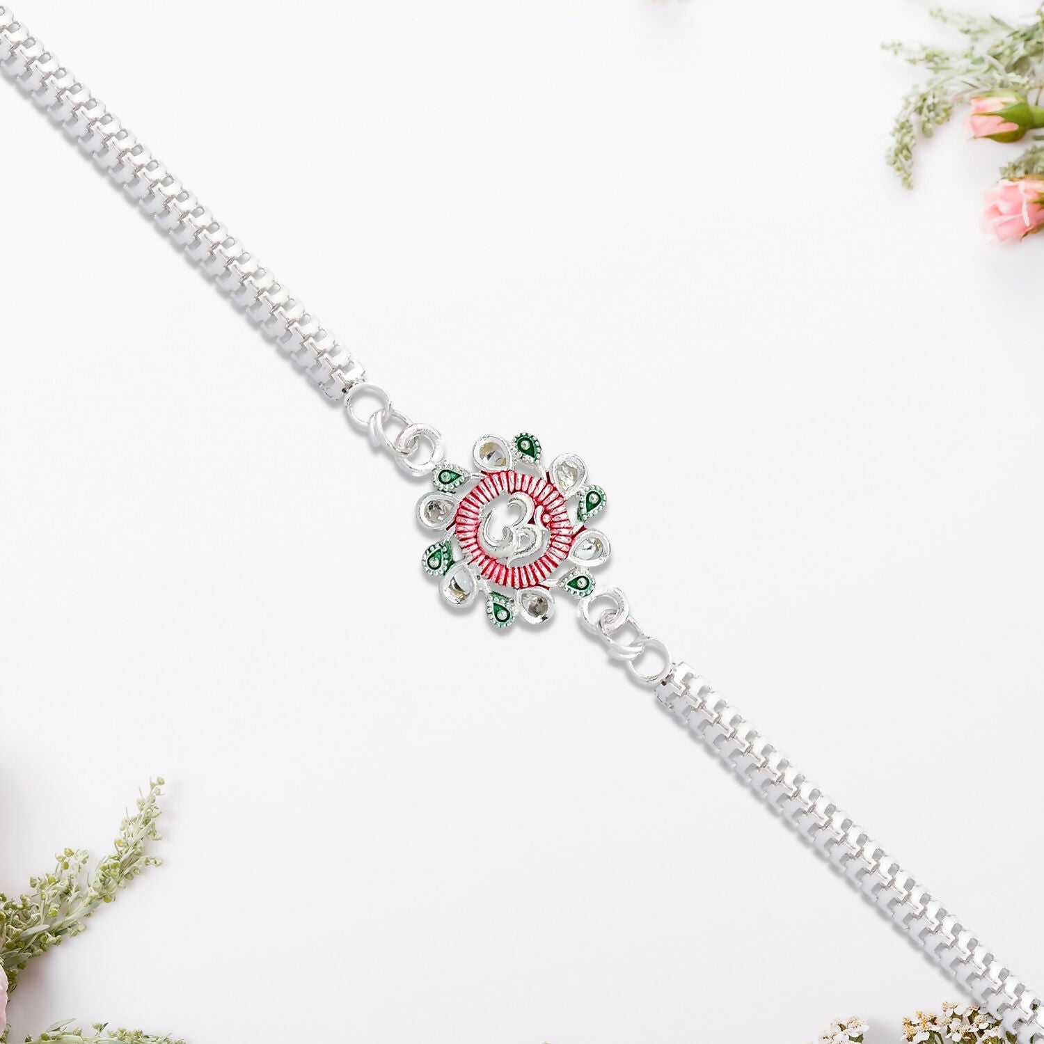 Om Rakhi Floral Design with Pink Green Accents for Raksha Bandhan (10pcs)