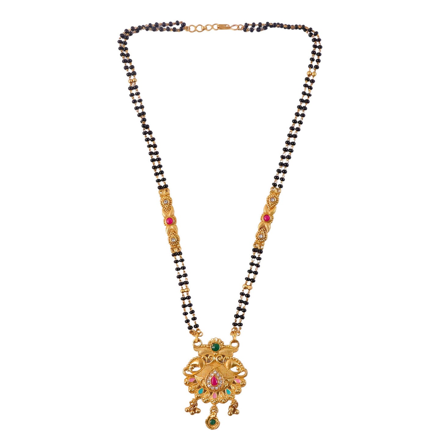 Mirrored Twin Peacock Pendant with Pastel Drop Long Double Strand Mangalsutra