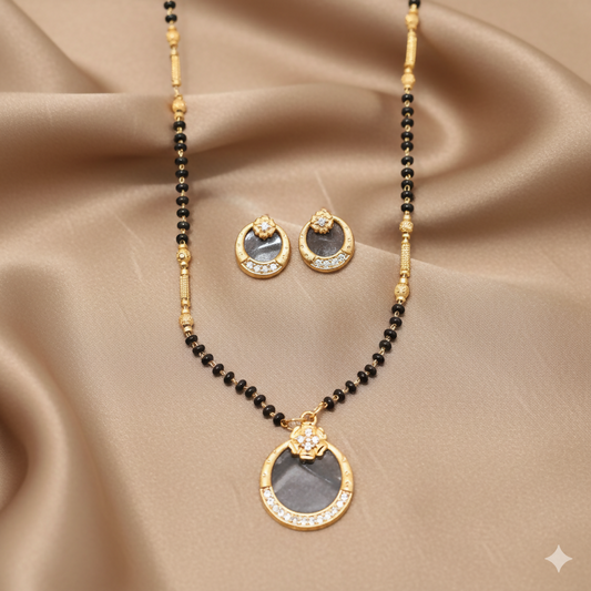 Gold Plated AD Circular Stud Earrings and mangalsutra with Grey Stone for women