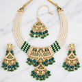 Green Beaded Pearl Jewellery Set for Women – Gold-Toned Necklace, Earrings & Maang Tikka