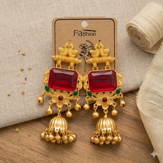 Royal Kashmiri Gold Peacock Jhumka Earrings with Ruby Red Stone & Floral Detailing