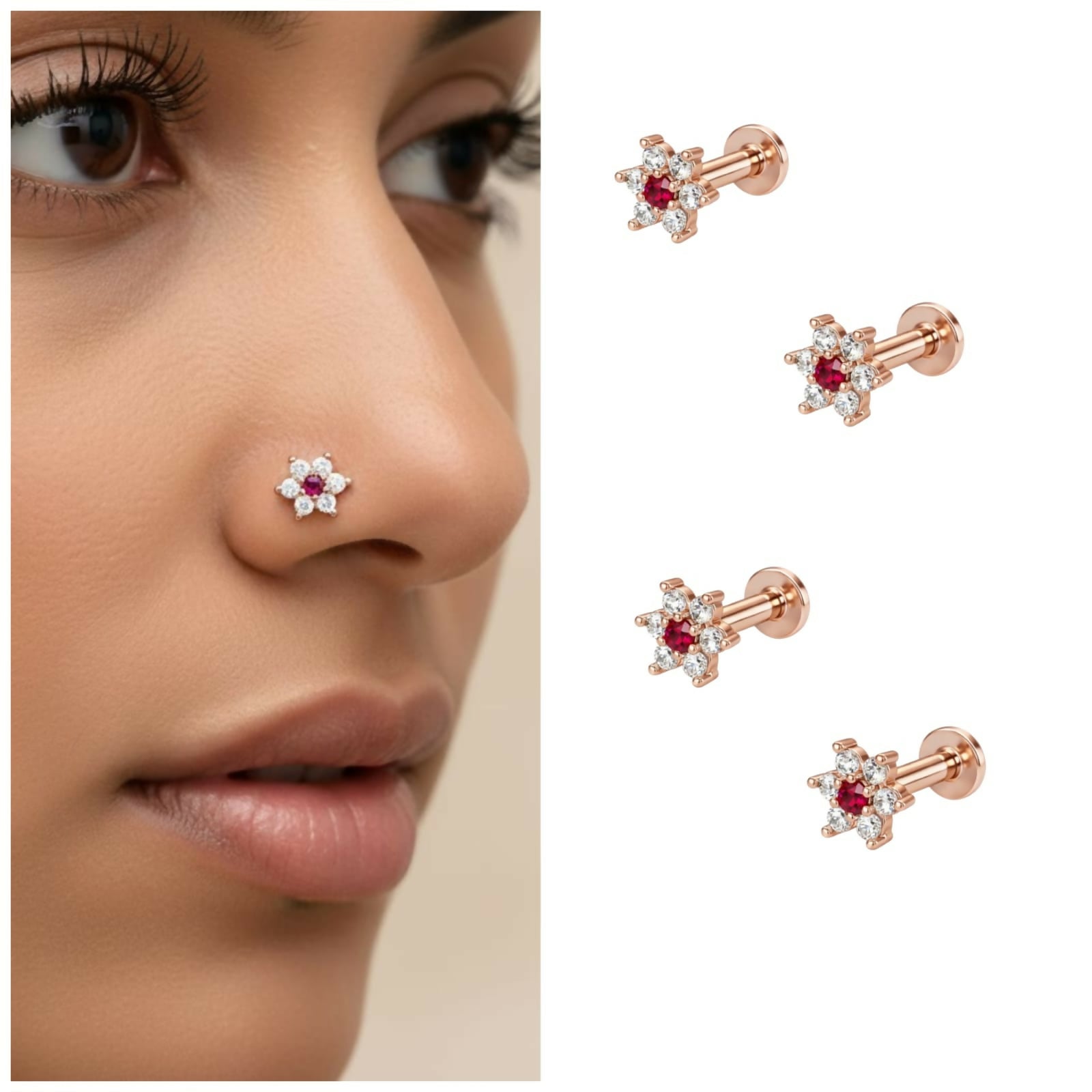 Combo pack of four rose gold flower nosepin studs with ruby red centers and clear crystals