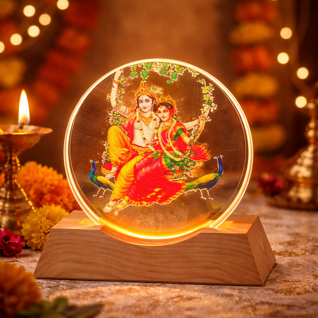 Radha Krishna Acrylic LED Lamp with Wooden Base | Decorative Night Light