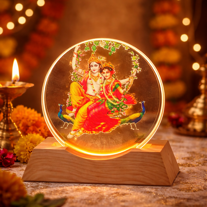 Radha Krishna Acrylic LED Lamp with Wooden Base | Decorative Night Light