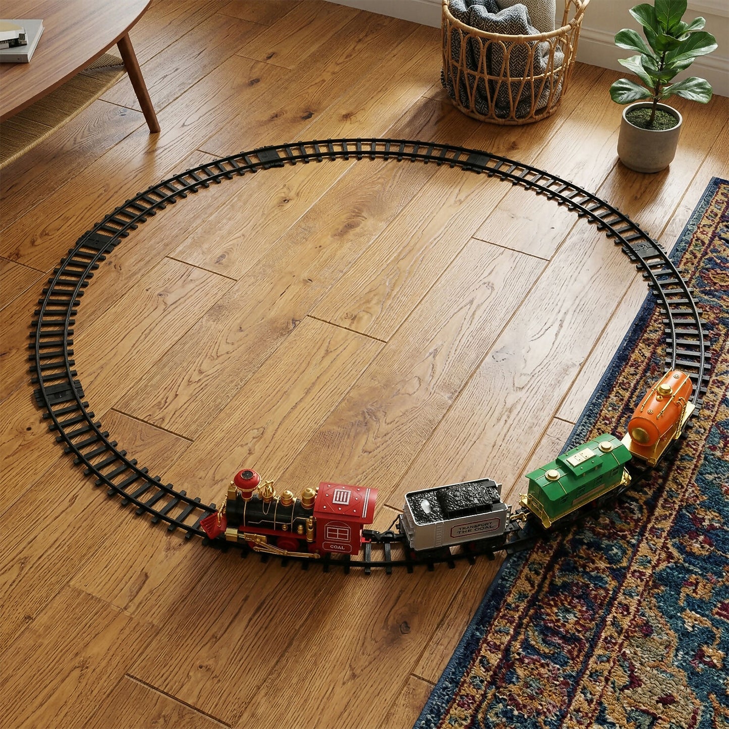 Full view of electric train set components on display