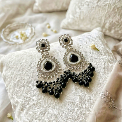 Elegant Oxidized Silver & Black Stone Chandbali Earrings
