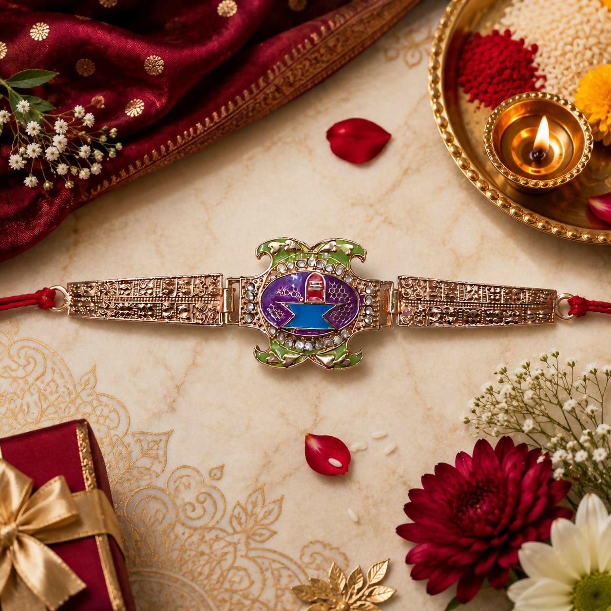 A rose gold Rakhi with a purple, blue, and green Shivling design is centered on a light gold cloth with flowers.