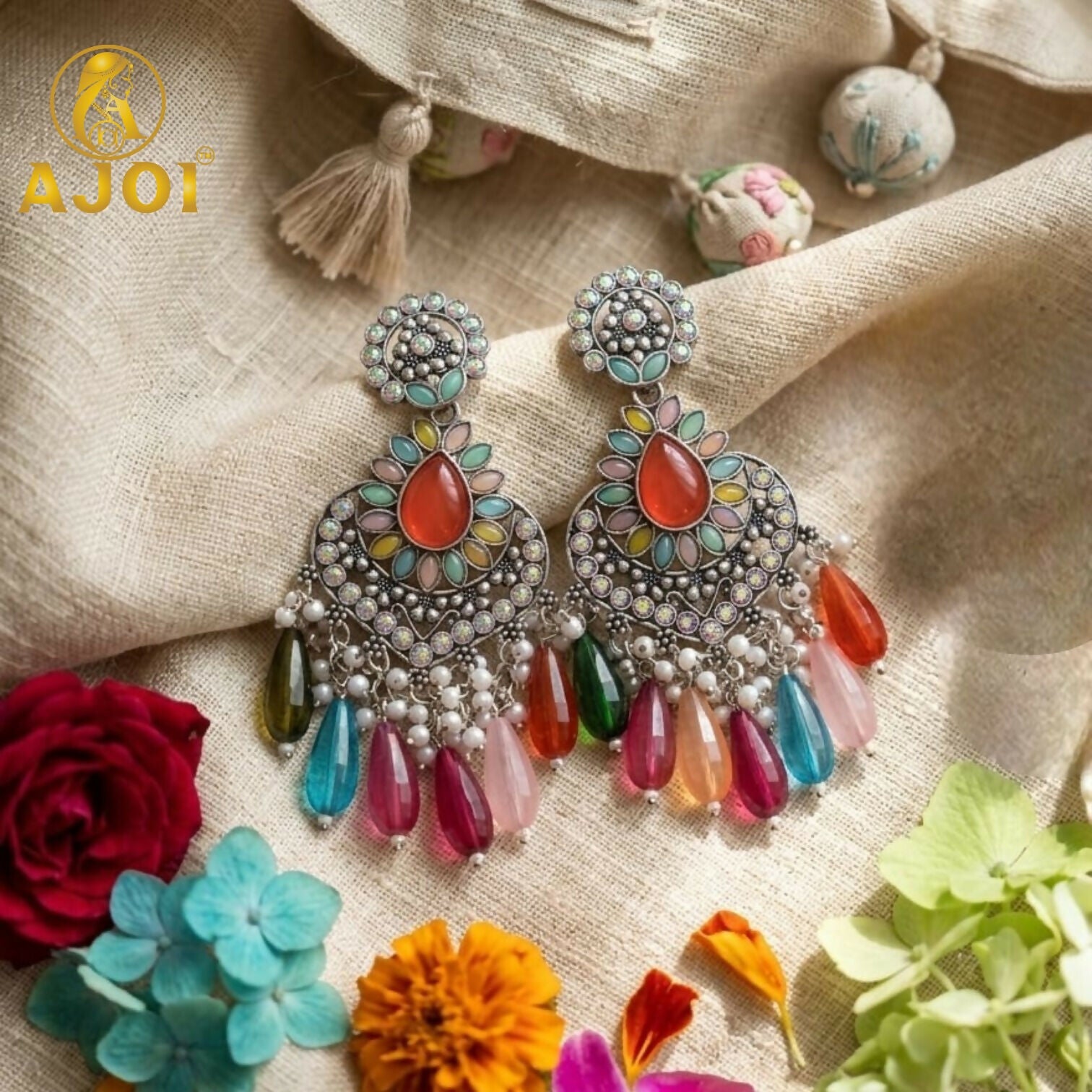 Oxidized Teardrop Earrings with Multicolor Beads & Pearl Tassel Drops