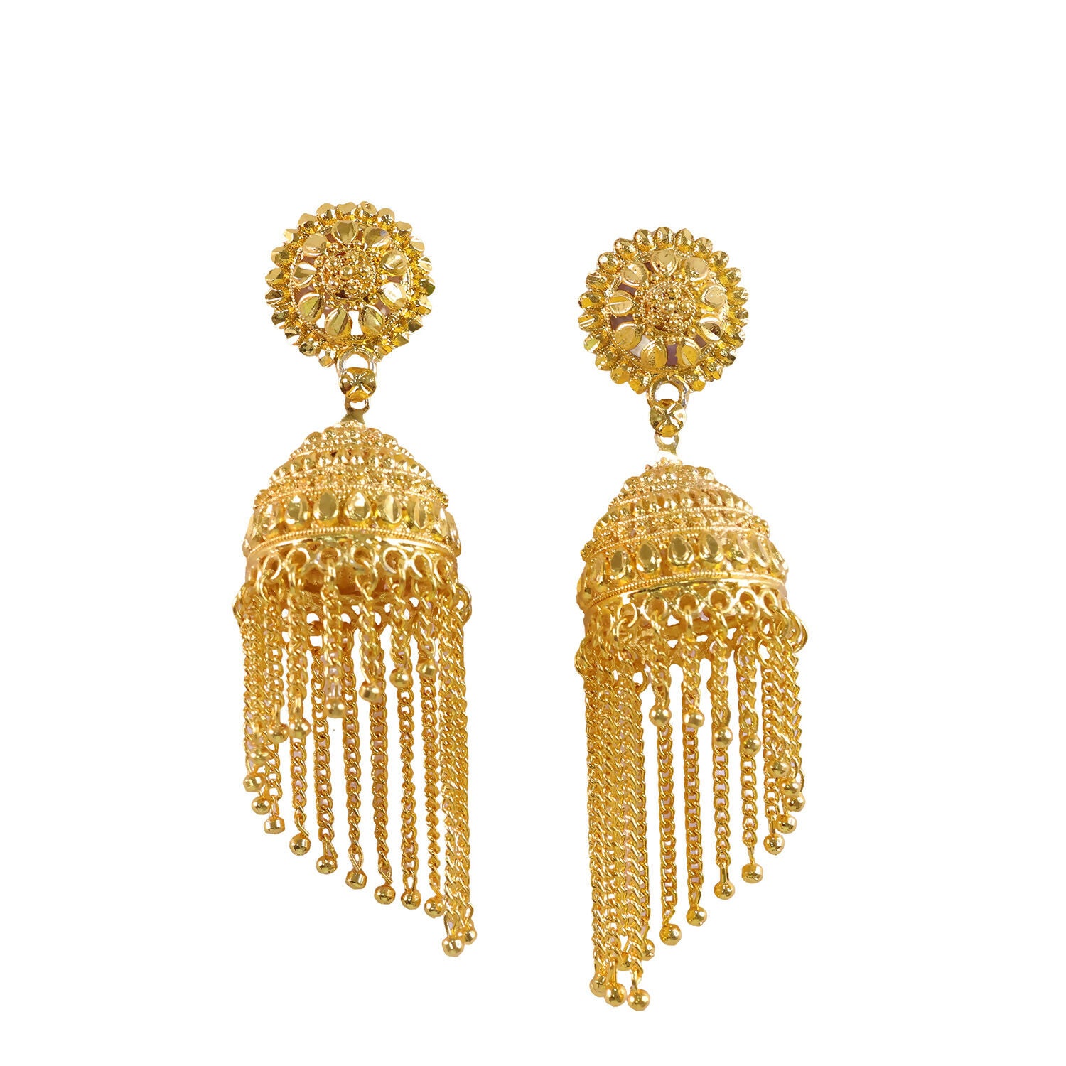 Traditional Gold Tone Jhumka Earrings with Red Bead Tassel Design For Woman And Girl