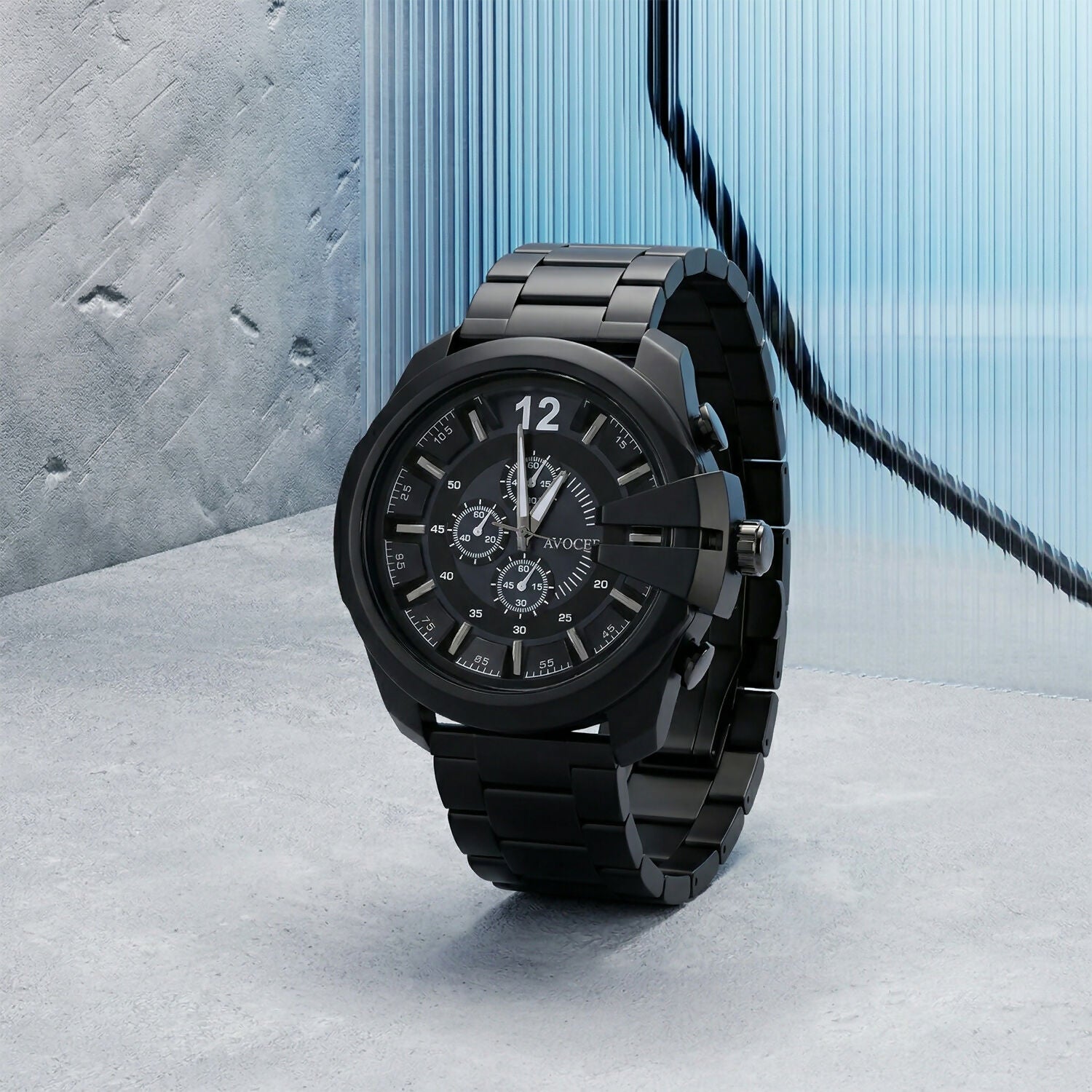 Premium black analog chronograph wrist watch front view