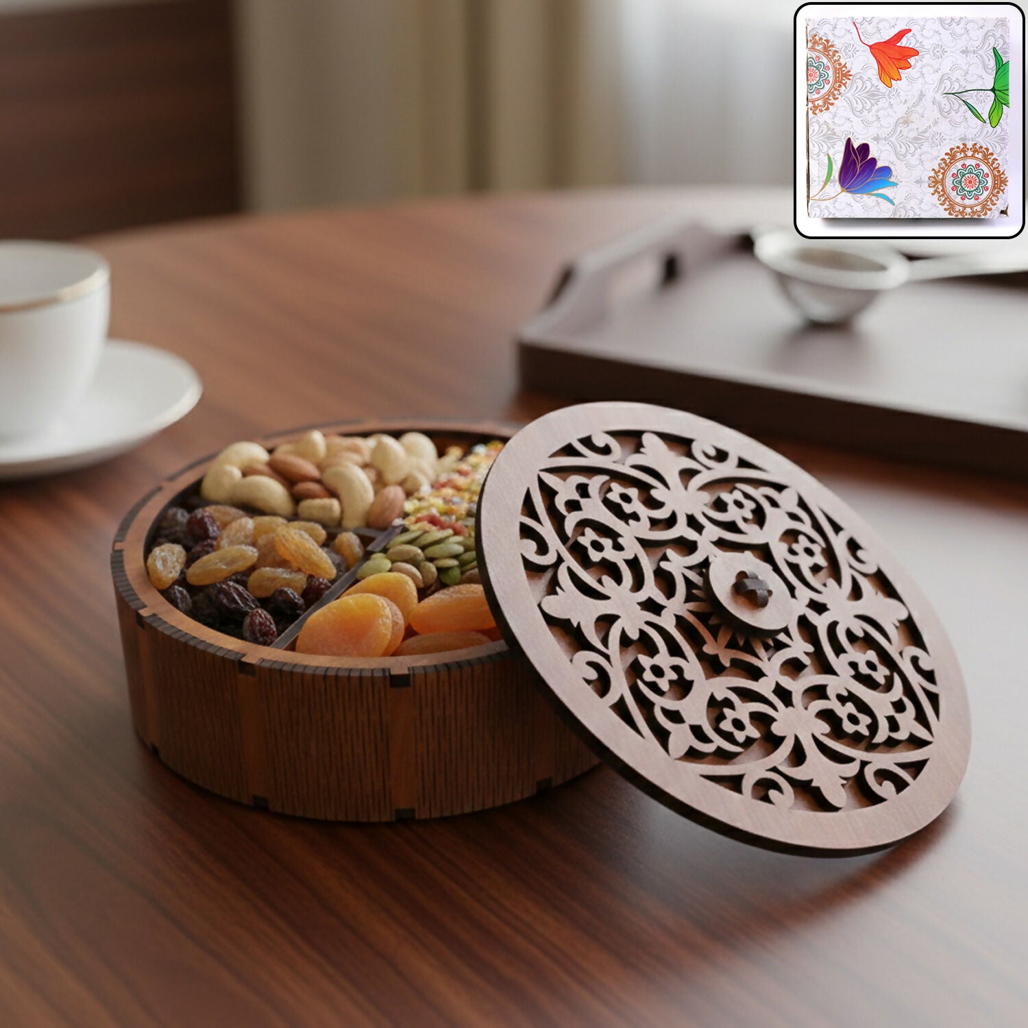 Premium dry fruit storage box with intricately carved round lid displayed open with assorted dry fruits