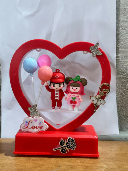 Romantic Heart-Shaped Red LED Couple Showpiece with Balloons and Love Message | Cute Cartoon Figurine Decorative Lamp for Bedroom, Anniversary, Valentine, and Home Decor Gift