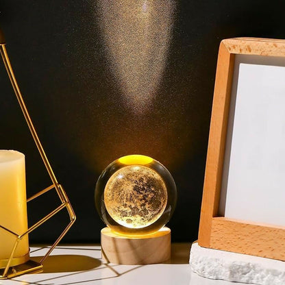 3D Crystal Moon Night Lamp with Wooden Base, USB Powered Decorative Light