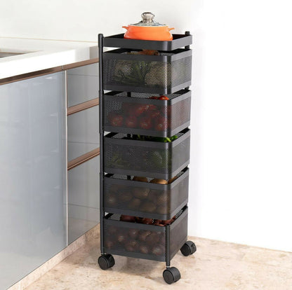 Square 5-Layer Stainless Steel Kitchen Trolley with Four Mesh Baskets & 360° Wheels
