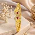 Gold-Plated Ruby CZ Double Swirl Floral Statement Cuff Bracelet for Women