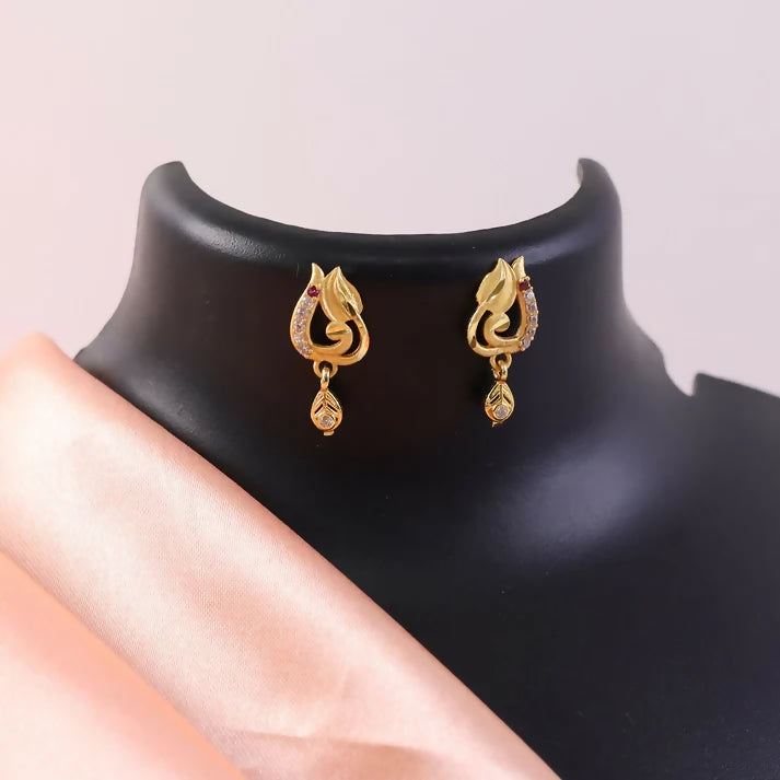 Traditional Curved Leaf Style Gold Stud Earrings With Crystal Detailing And Drop Charm