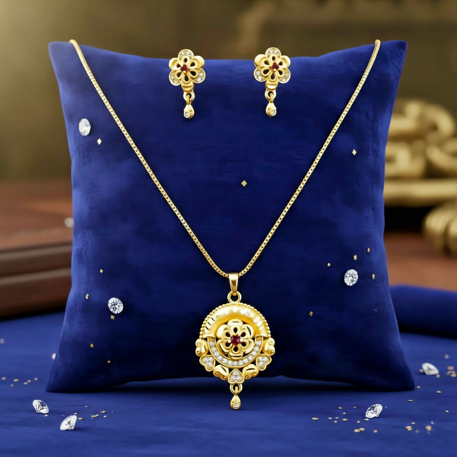 Royal Bloom Jewelry Set: Gold-Tone Floral Filigree Pendant & Matching Drop Earrings