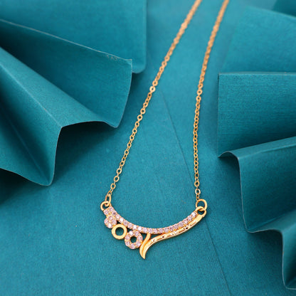 Gold Plated Pink Stone Curved Pendant Necklace Chain For women and girls