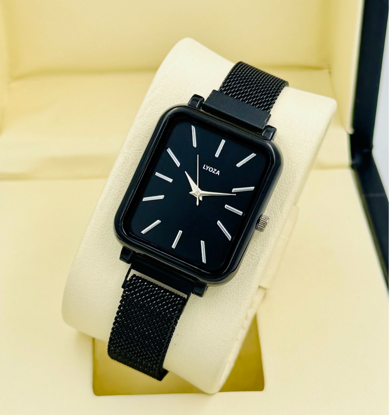Black Square Analog Watch with Mesh Strap
