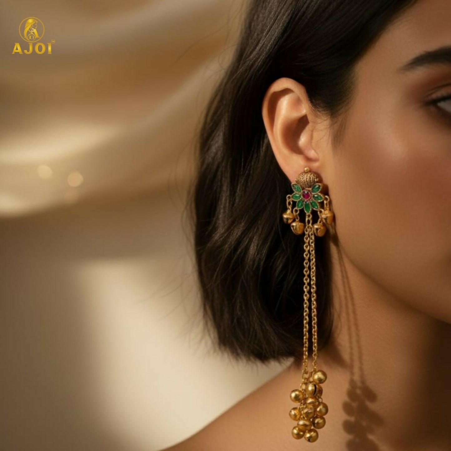 Handcrafted Floral Stud Long Drop Ghungroo Jhumki Earrings