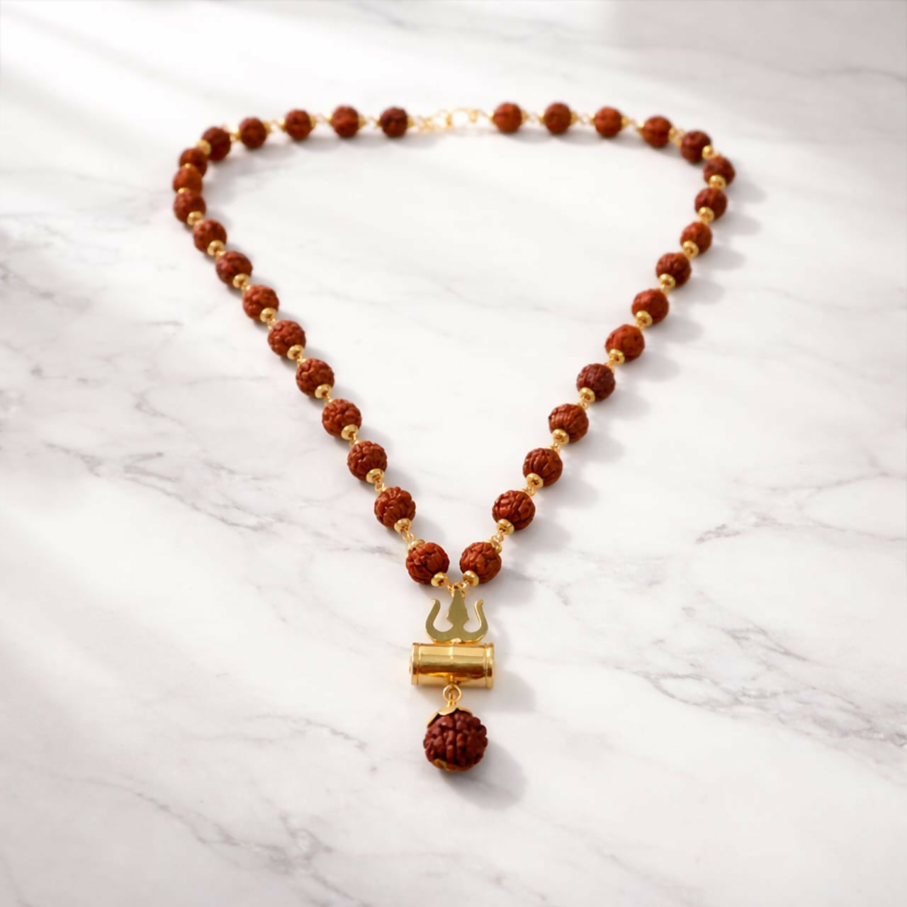 Natural 0riginal Rudraksha Bead Necklace with Trishul Pendant Spiritual Mala for Men