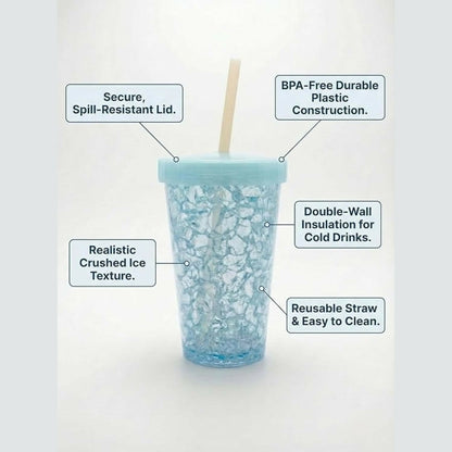 A light blue plastic tumbler with a straw and lid, showing features like spill-resistant lid and crushed ice texture.
