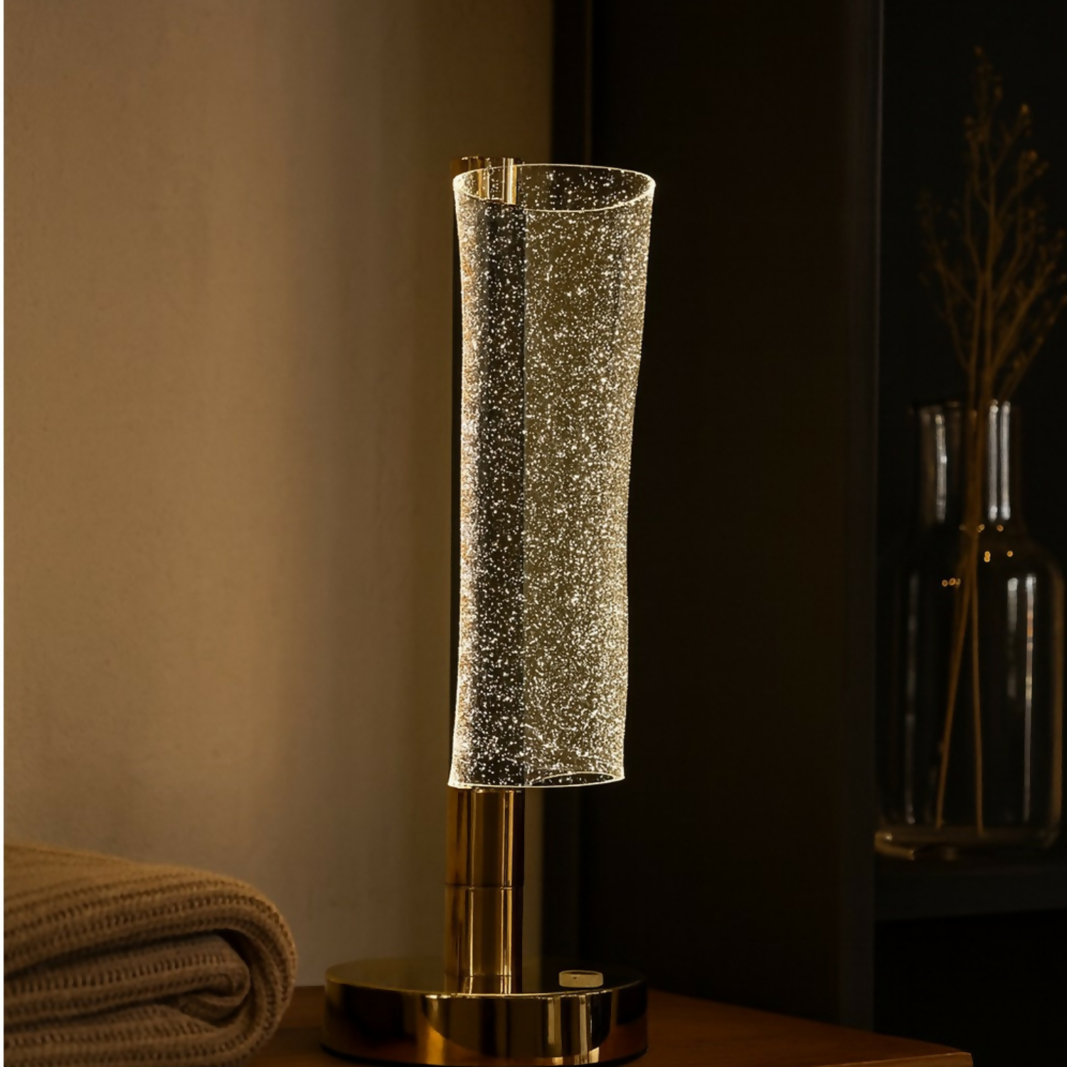 Luxury Crystal LED Table Lamp with Sparkling Bubble Glass Shade and Golden Metal Base – Dimmable Warm White Ambient Night Light for Bedroom, Living Room, Bedside, Study, Office, Home Décor Accent Lamp for Gifting and Decoration