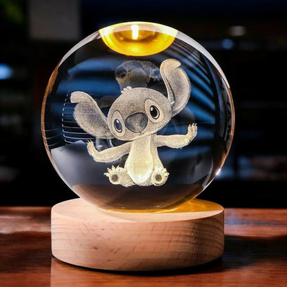3D Crystal Cartoon Character Night Lamp with Wooden Base, USB Powered