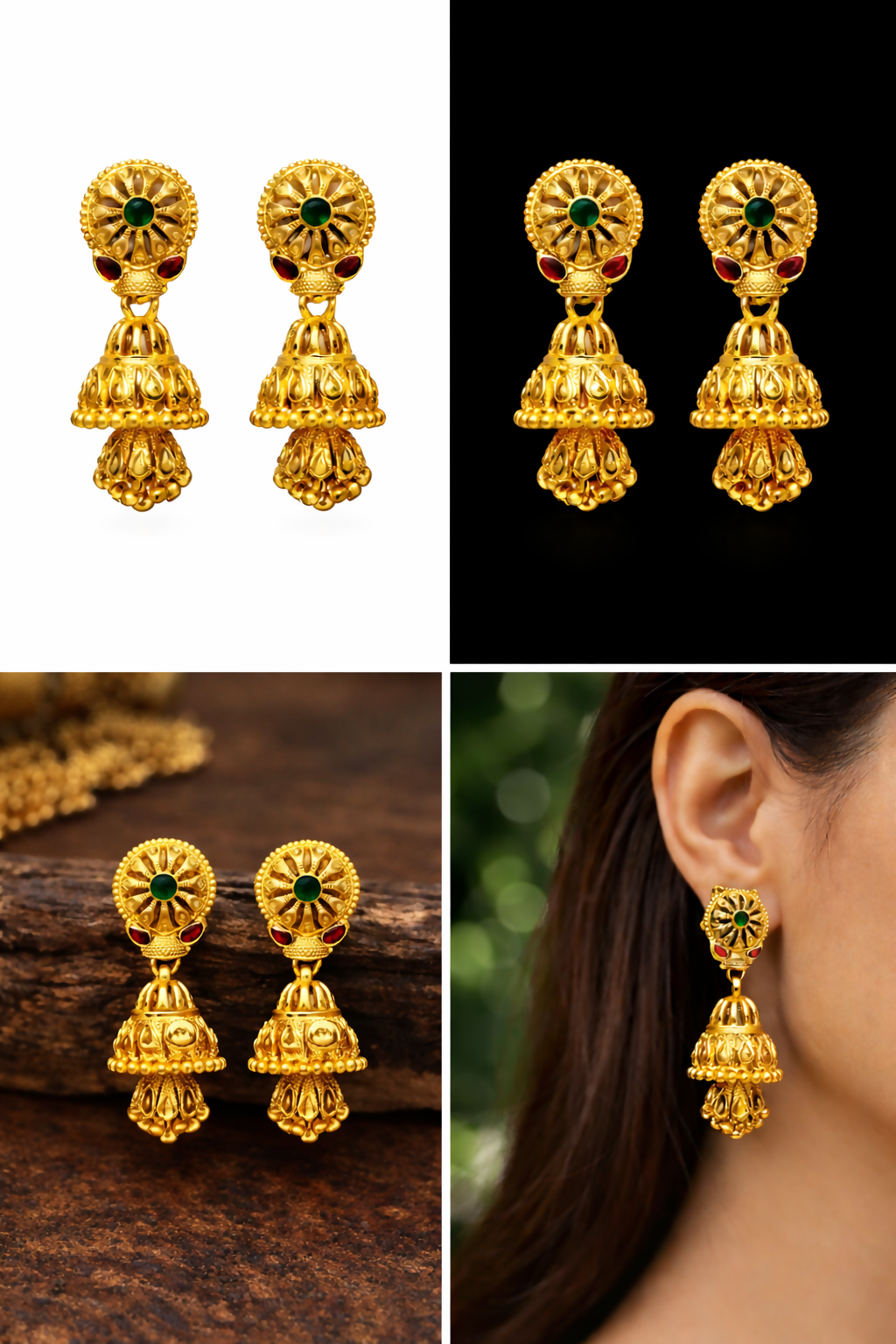 Gold plated traditional jhumka earrings worn with festive attire