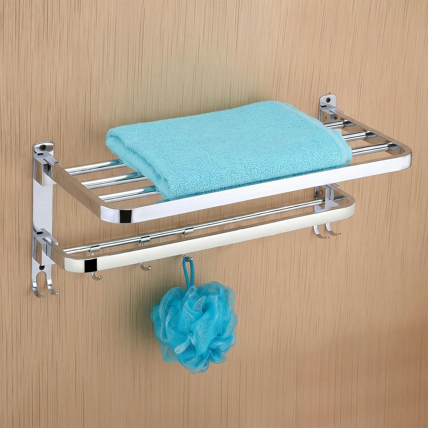 Wall Mounted Stainless Steel Towel Rack with Hooks Bathroom Storage Shelf
