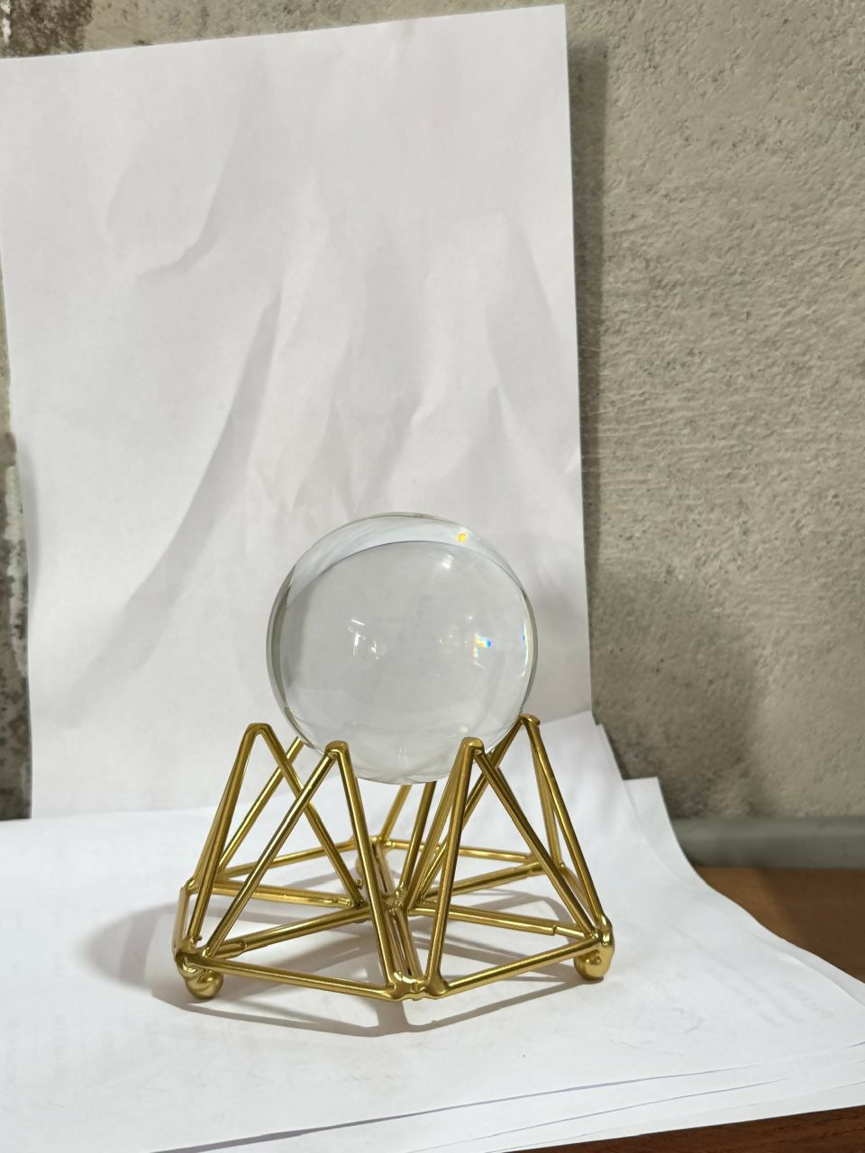 Decorative Crystal Ball with Premium Golden Geometric Stand for Home Office Desk | Clear Glass Sphere Showpiece for Table Decoration, Vastu, Meditation, Feng Shui, Gifting | Modern Luxury Home Décor Ornament