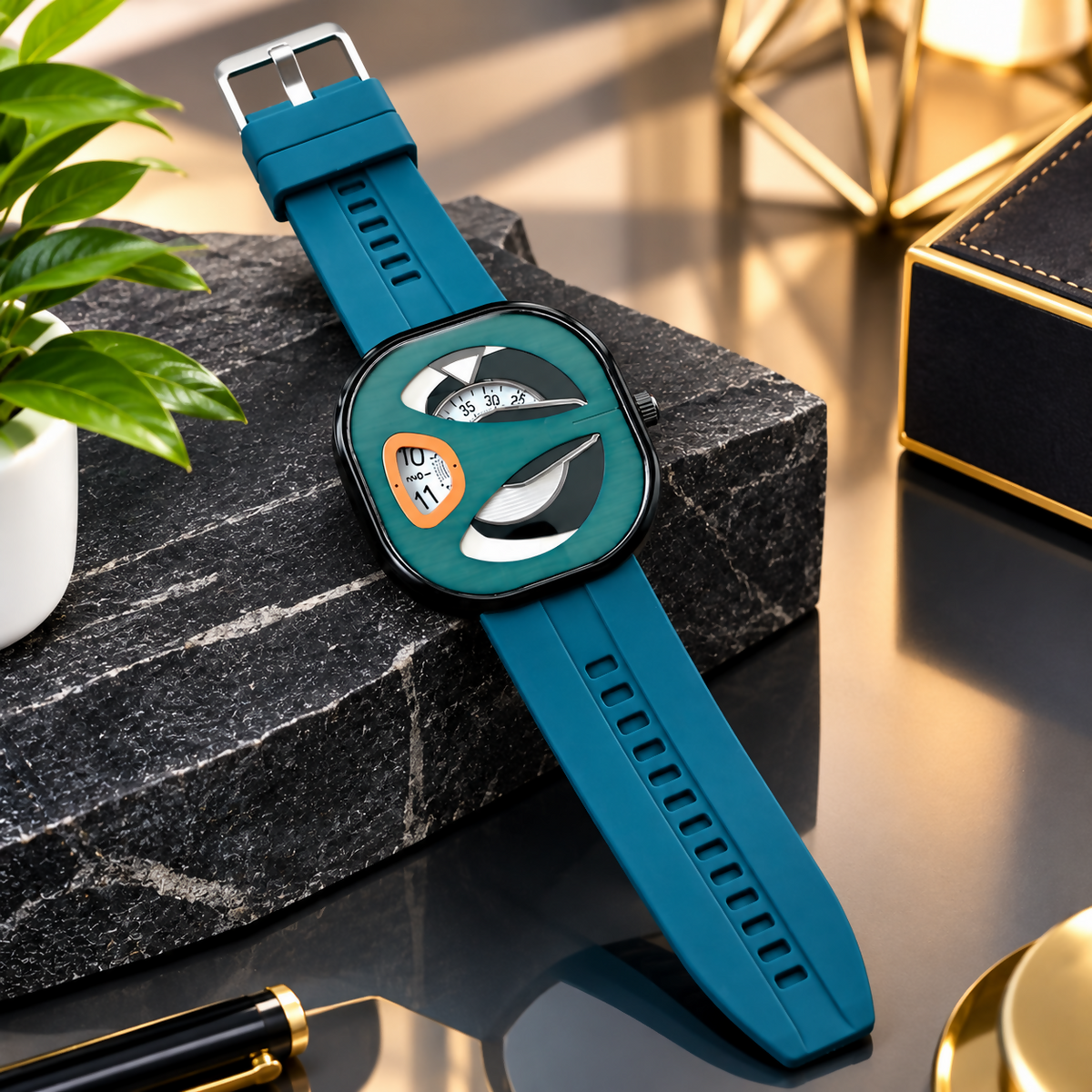 Overhead view of a green watch with a teal silicone band, displayed on a dark, rough stone slab next to a small plant.