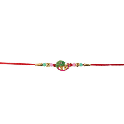 Top view of Mini Krishna Peacock Leaf Designer Rakhi