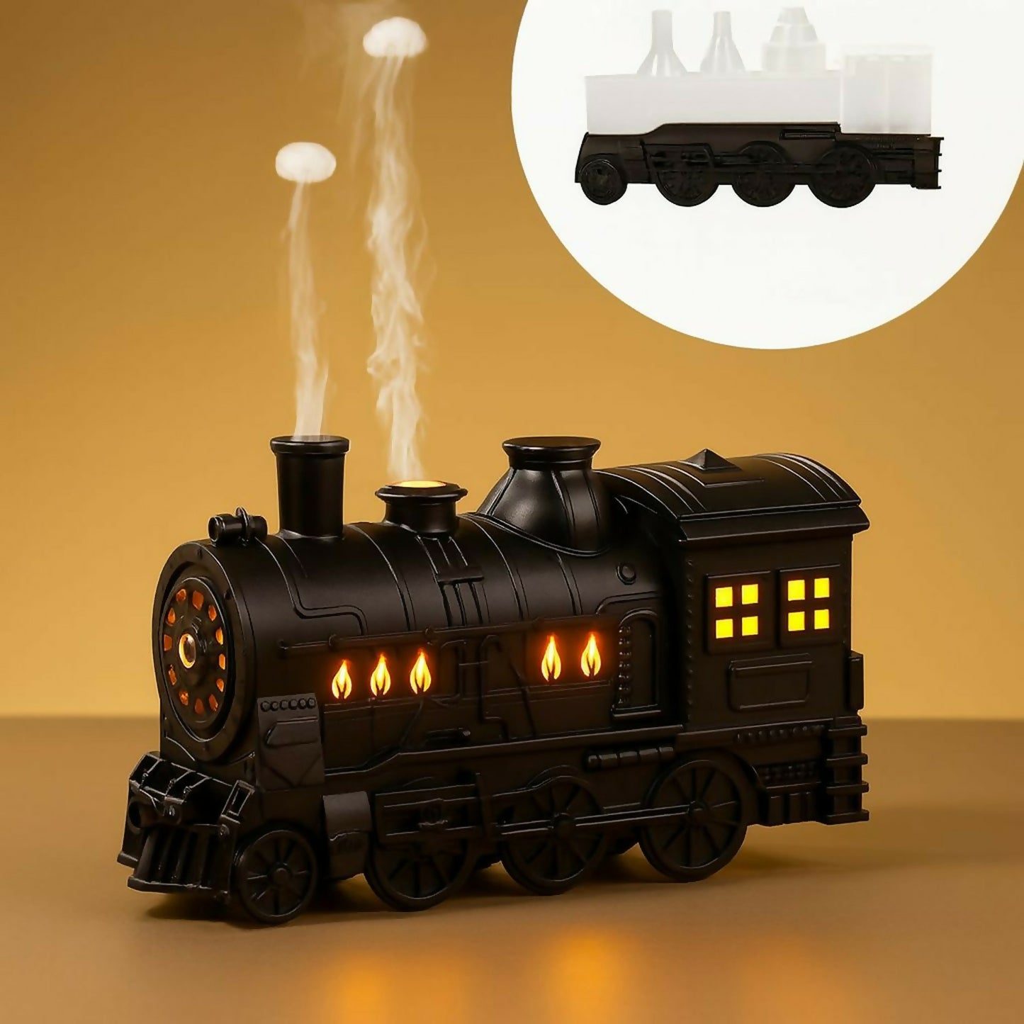 Train-Shaped Aroma Diffuser with Double Spray, Flame Lights & Timer Modes