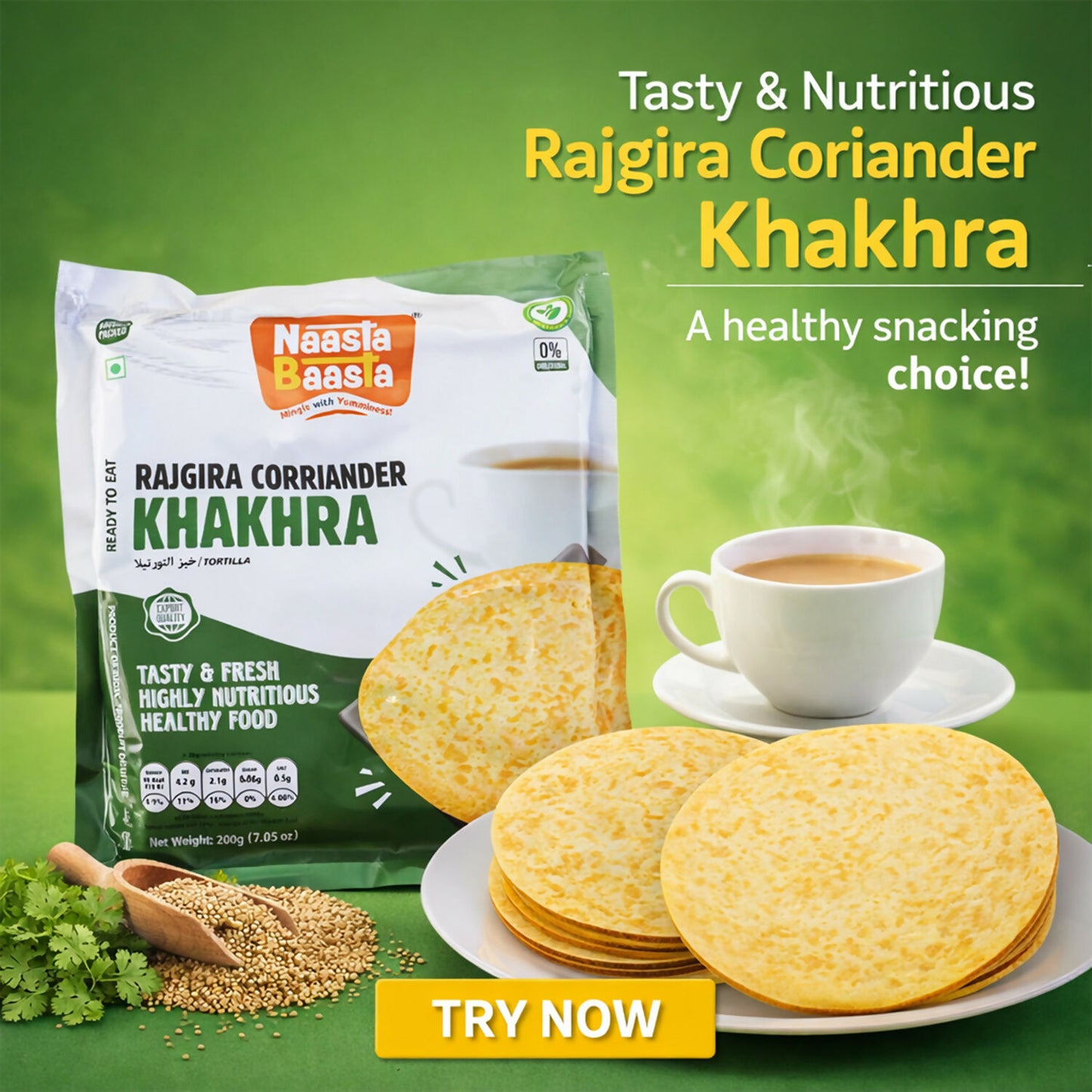 Naasta Baasta Rajgira Coriander Khakhra Gluten Free Ready to Eat Healthy Snack (200gm)