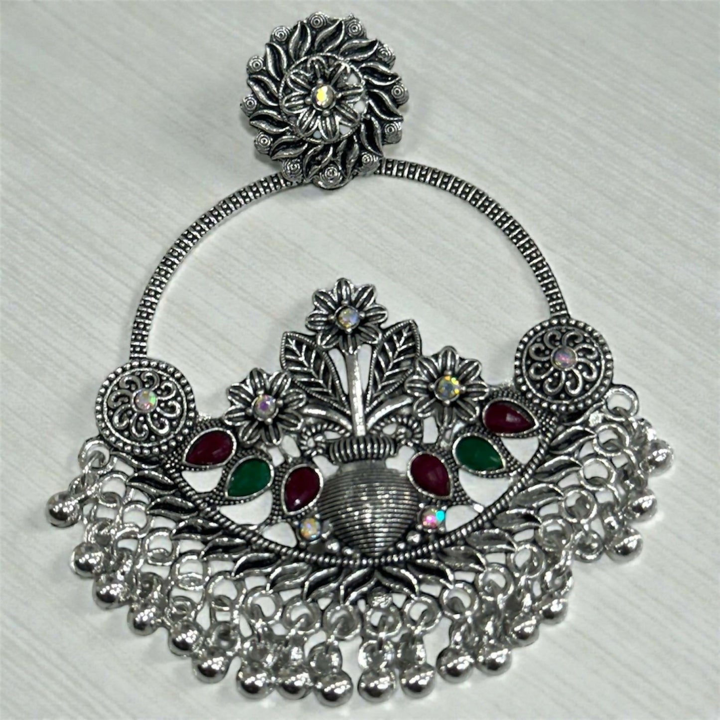 Oxidised Silver Floral Chandbali Earrings with Color Stone Detailing & Ghungroo Drops