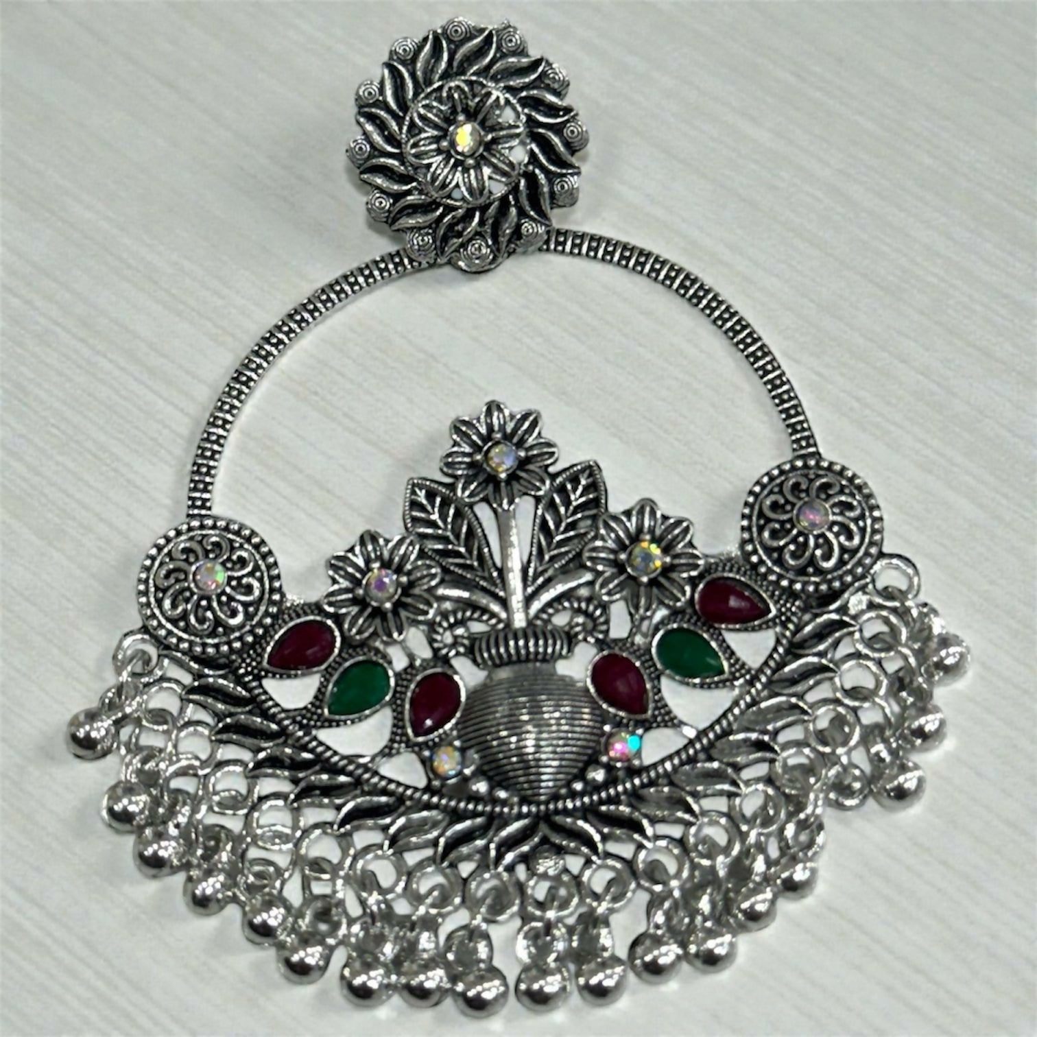 Oxidised Silver Floral Chandbali Earrings with Color Stone Detailing & Ghungroo Drops