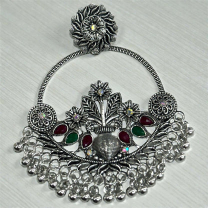 Oxidised Silver Floral Chandbali Earrings with Color Stone Detailing & Ghungroo Drops