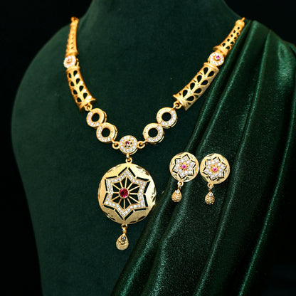 Gold Plated Star Pendant Forming Necklace Set with AD & Ruby Accents