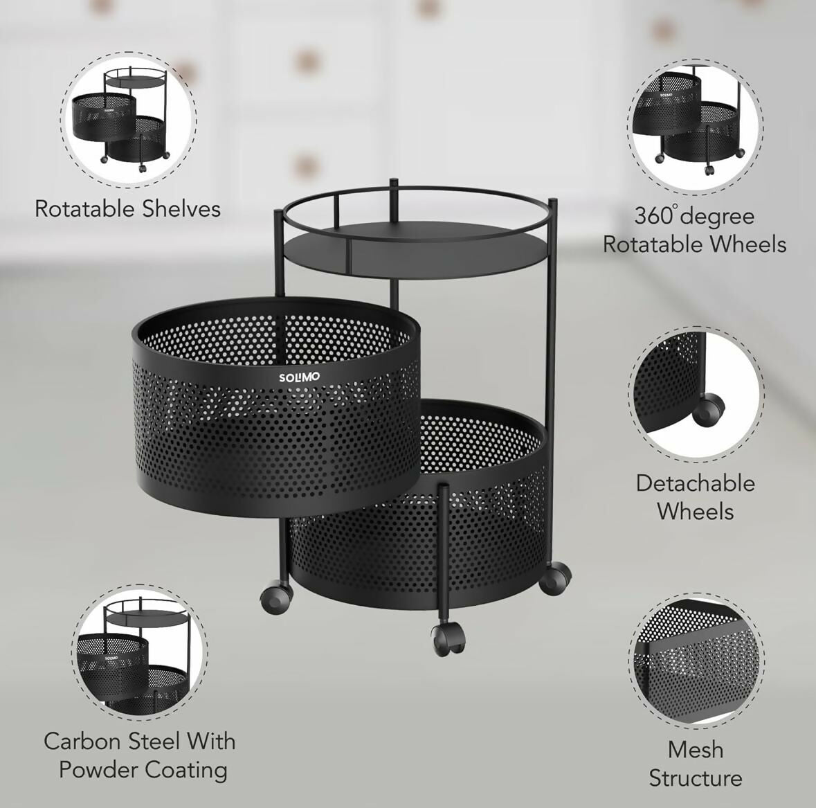 Compact Round 2-Layer Kitchen Trolley with Ventilated Mesh Baskets & Four Swivel Wheels