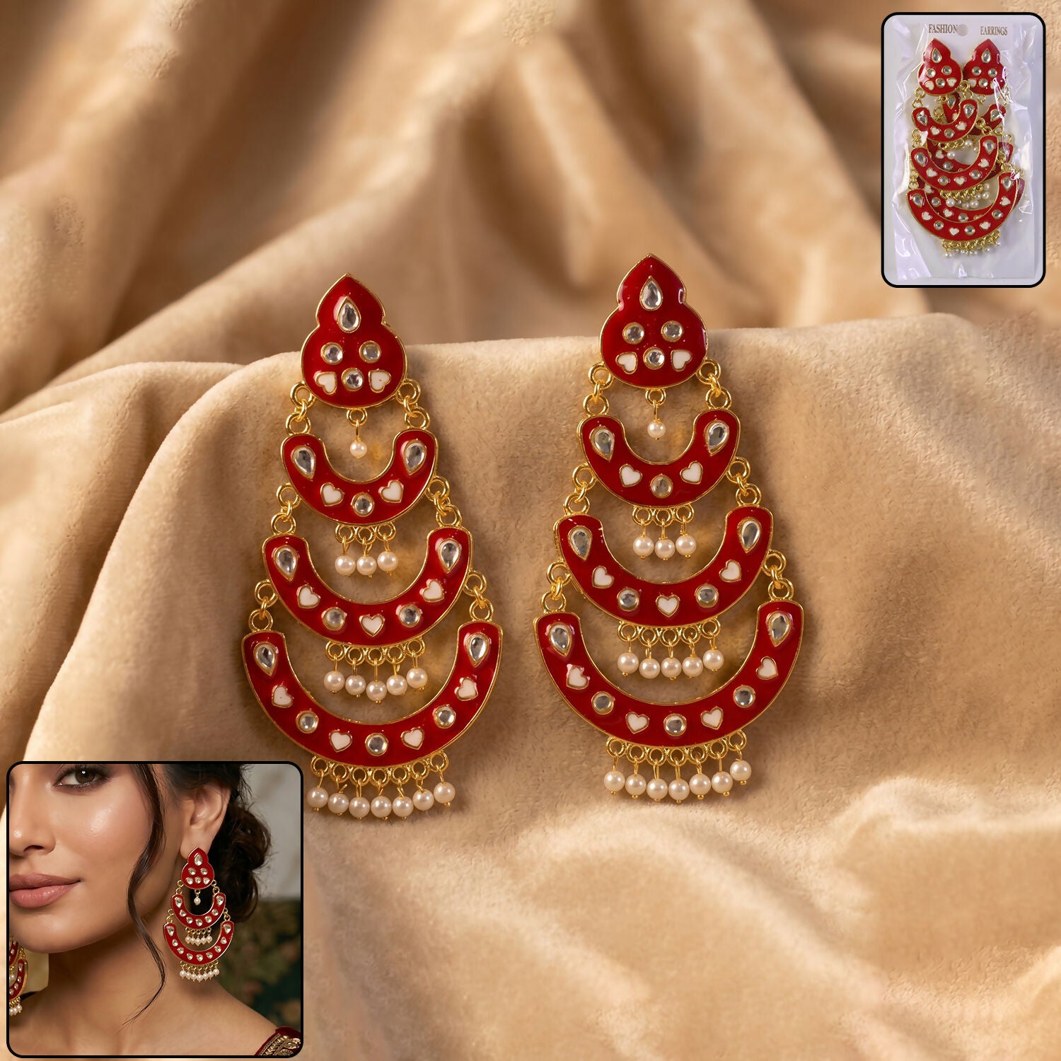 Red Layered Chandbali Earrings with Pearls for Women