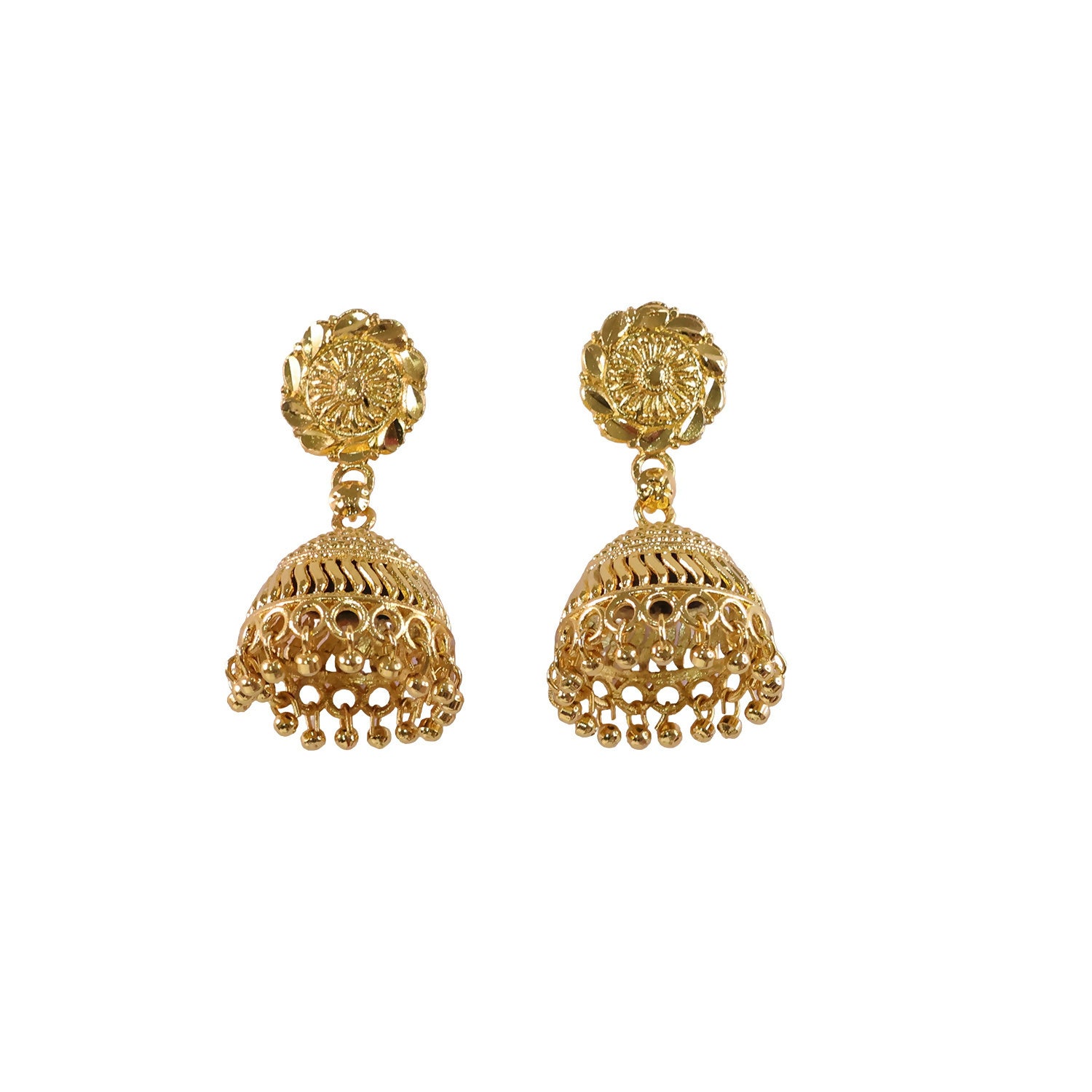 Side view of gold plated jhumka earrings with decorative beads