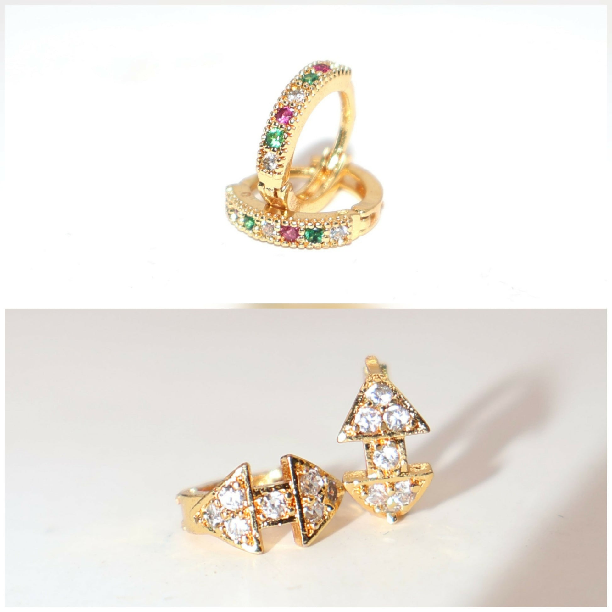 Set of two gold plated huggie hoop earrings displayed on black background