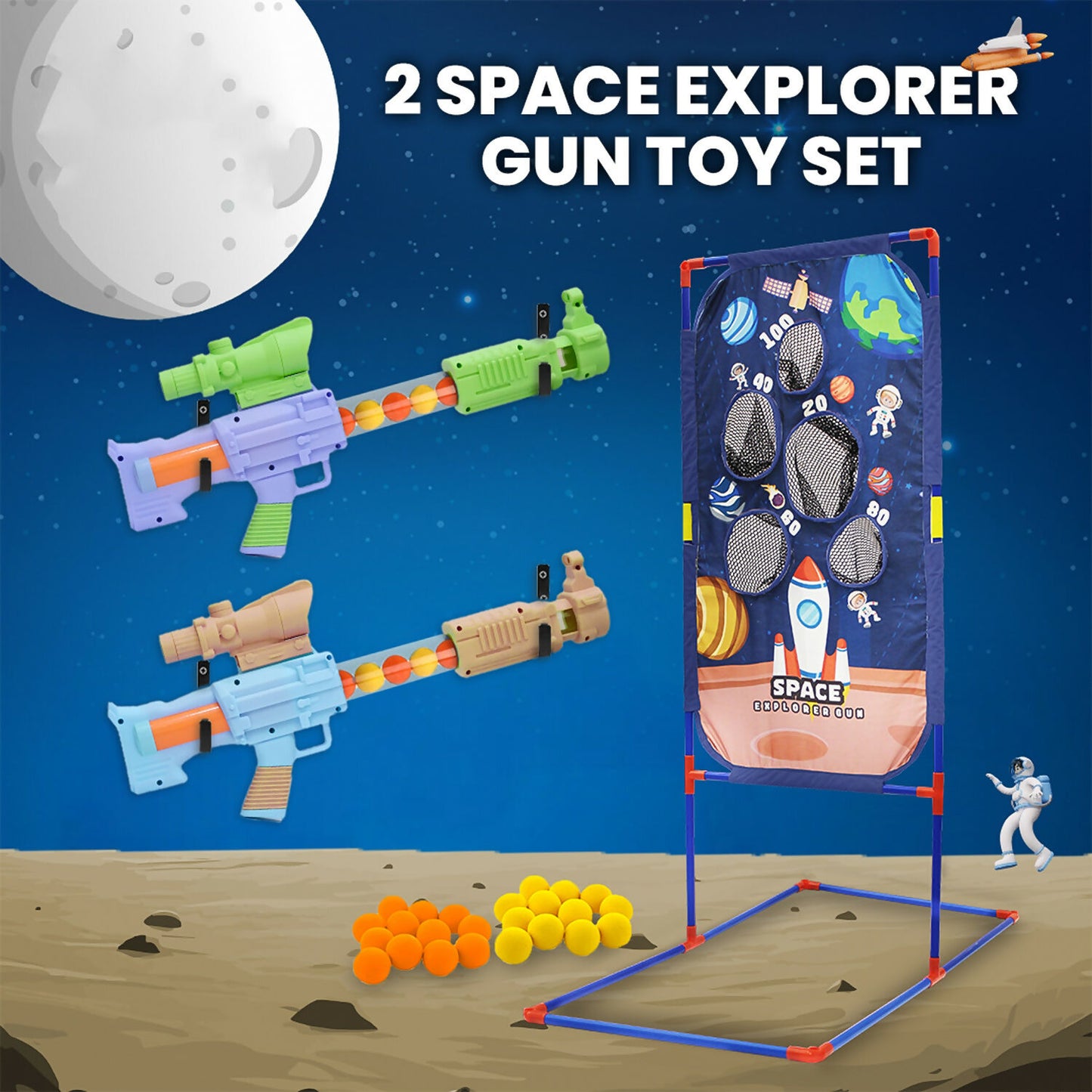Close-up of Aditi Space Explorer pneumatic gun showing foam ball loading