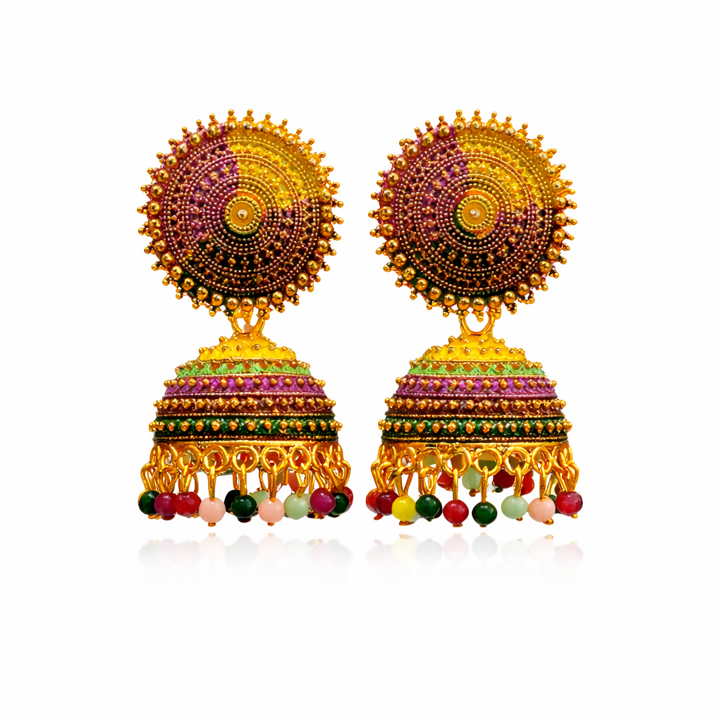 Delicate gold loops with colorful beads at the bottom of traditional jhumka earrings