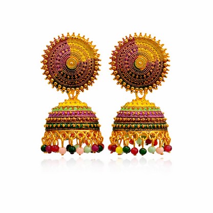 Delicate gold loops with colorful beads at the bottom of traditional jhumka earrings