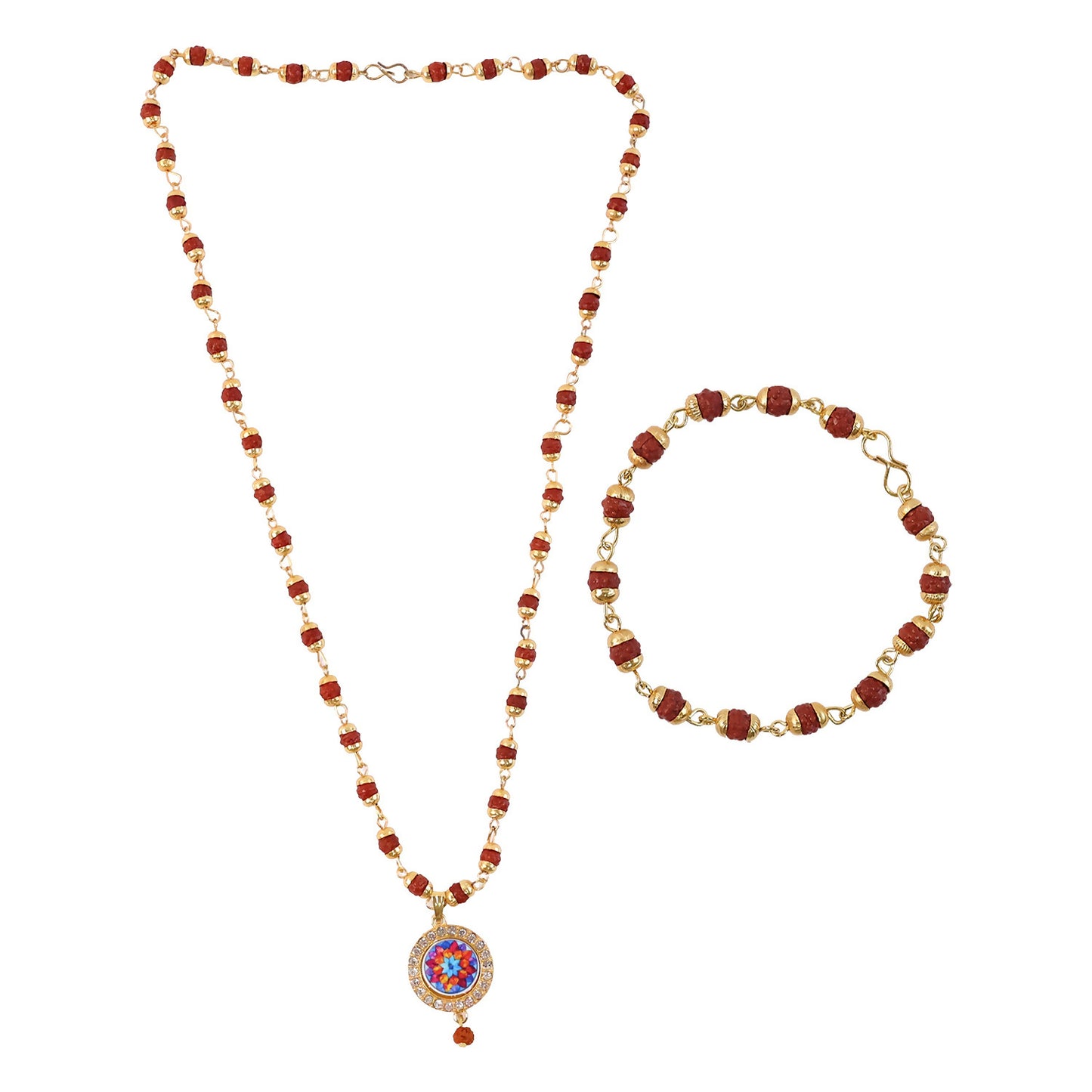 Rudraksha Necklace & Bracelet Set with Colorful Pendant