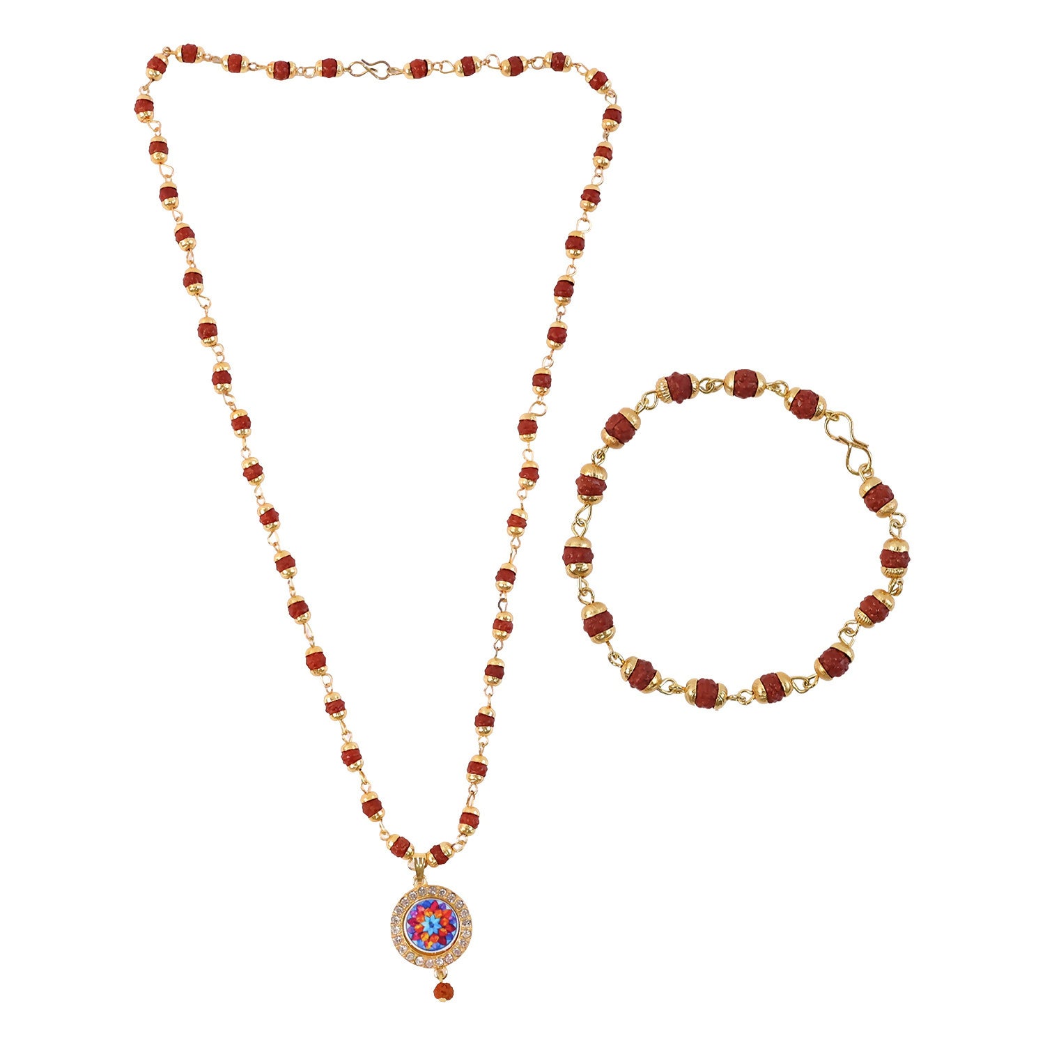 Rudraksha Necklace & Bracelet Set with Colorful Pendant